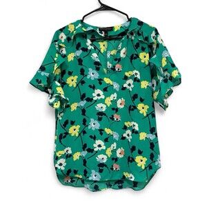 Banana Republic Floral V-Neck Teal Blouse Size S